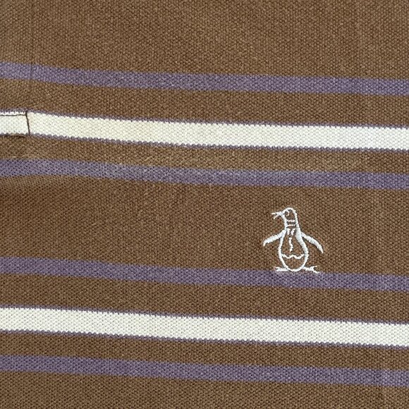 Penguin Polo Stiped Brown Short Sleeve Shirt Medium Y2K Cotton - Picture 8 of 11